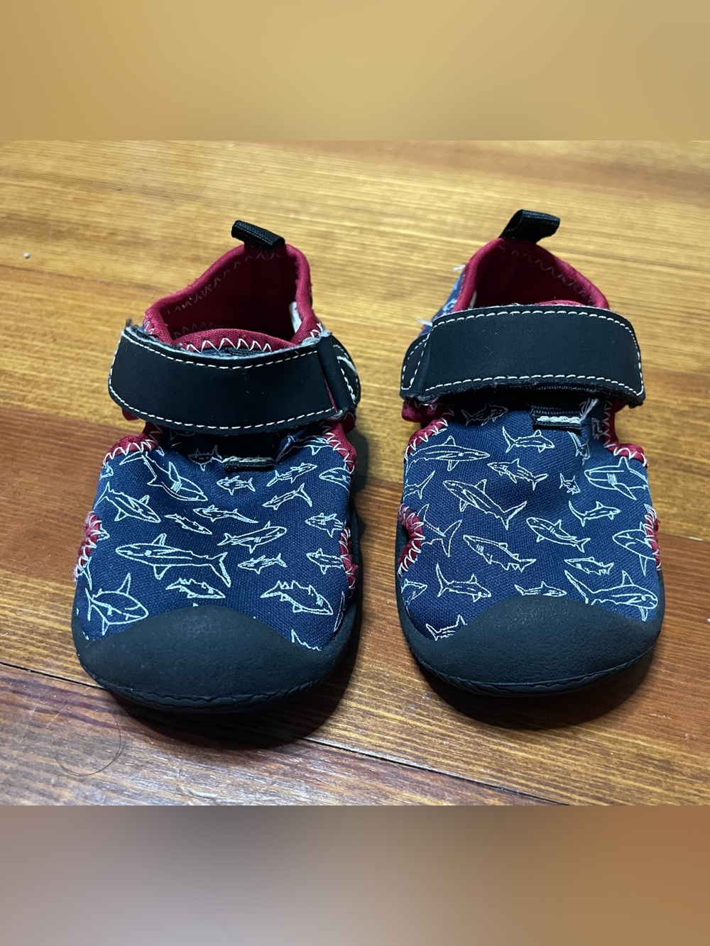 jumping beans Blue Shark Print Water Shoes with Black Strap and Red Trim Size 5